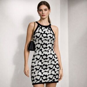JOHN + JENN Bodycon Dress Black White Halter Mini Sleeveless Pattern Dress
